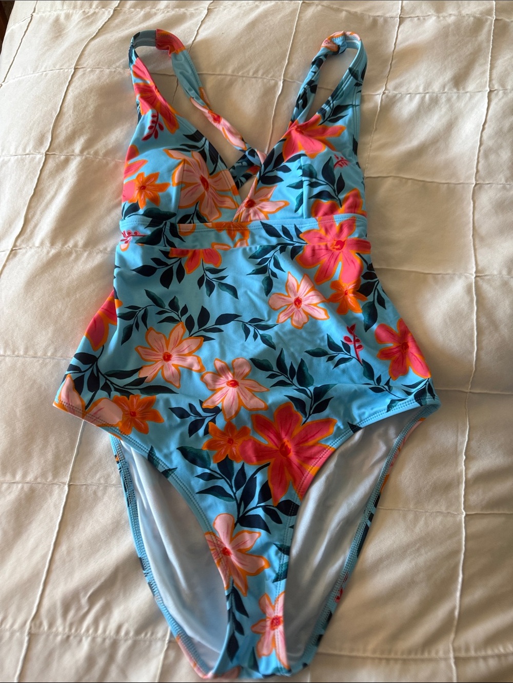 Women’s Floral One-Piece Swimsuit in Light Blue with Pink & Orange Flowers. NWT